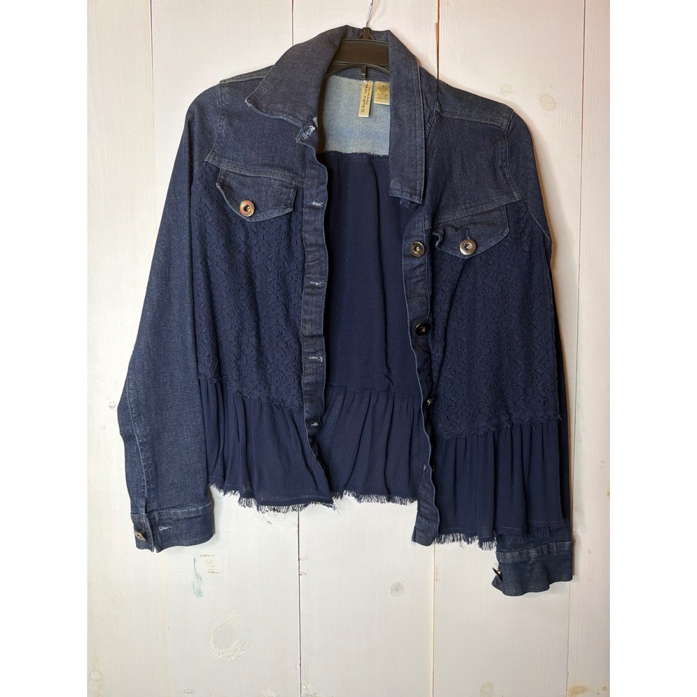Studio West Denim Lace Peplum Ruffle Jacket Women's Small Navy Blue Boho